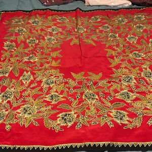 42”x40” Red Appliquéd and Painted Scarf